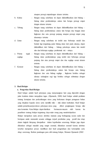 5
ataupun persegi empatdengan ukuran tertentu.
b. Kubus : Bangun ruang sederhana ini dapat diidentifikasikan dari bidang –
bidang datar pembentuknya antara lain berupa persegi empat
dengan ukuran tertentu
c. Tabung : Bangun ruang sederhana ini dapat diidentifikasikan dari bidang –
bidang datar pembentuknya antara lain berupa dua bangun datar
lingkaran dan satu persegi panjang ataupun persegi empat yang
ukurannya tertentu
d. Limas : Bangun ruang sederhana ini terdiri atas beberapa model dan
bentuk lagi tergantung pada bidang datar dari pada alasnya, dapat
diidentifikasi dari bidang – bidang pokoknya antara lain model
alas dan beberapa segitiga pembentuk sisi – sisinya.
e. Prisma tegak
segitiga
: Bangun ruang sederhana ini dapat didentifikasikan dari bidang –
bidang datar pembentuknya yang terdiri dari beberapa persegi
panjang dan atau persegi empat dan dua segitiga sesuai ukuran
tertentu
f. Kerucut : Bangun ruang sederhana ini dapat diidentifikasikan dari bidang –
bidang datar pembentuknya antara lain berupa satu bidang
lingkaran dan satu bidang segitiga . lingkaran berlaku sebagai
alasnya sedangkan segi tiga berlaku sebagai selimutnya dengan
ukuran tertentu.
3. Hasil Belajar
a. Pengertian Hasil Belajar
Hasil belajar adalah hasil pekerjaan yang menyenangkan hati yang diperoleh dengan
jalan keuletan dalam menyajikan tugas. (Djamarah, 2000) hasil belajar adalah penilaian
tentang kemajuan dan perkembangan siswa yang berkenaan dengan penugasan bahan
yang disajikan kepada siswa serta memiliki nilai – nilai dalam kurikulum. Hasil belajar
adalah pemeriksaan/penilaian pekerjaan siswa yang diberi penghargaan berupa nilai
atau komentar. Kata Belajar dapat diartikan bermacam-macam oleh karena itu
penafsiran tentang belajar tergantung daya nalar orang yang mendeskripsikan
Belajar merupakan suatu proses aktivitas manusia yang berlangsung secara sadar dan
bertujuan untuk memenuhi sesuatu sehingga terjadi perubahan yang positif dan tetap
daiam tingkah lakuyang diwujudkan dalam kepribadian seseorang. Belajar juga dapat
dikatakan sebagai masalah yang sangat esensial, dikatakan esensial karena aktivitas
tersebut merupakan proses modifikasi dari hasil pengetahuan dan ketrampilan serta
sikap seseorang. Berikut pandangan para ahli tentang belajar, Menurut Djamarah (2002 .
 