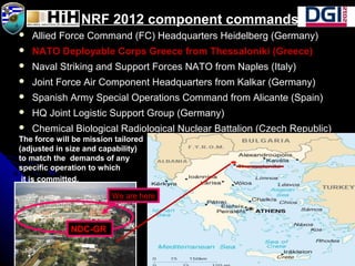 NRF 2012 component commands
 Allied Force Command (FC) Headquarters Heidelberg (Germany)
 NATO Deployable Corps Greece from Thessaloniki (Greece)NATO Deployable Corps Greece from Thessaloniki (Greece)
 Naval Striking and Support Forces NATO from Naples (Italy)Naval Striking and Support Forces NATO from Naples (Italy)
 Joint Force Air Component Headquarters from Kalkar (Germany)Joint Force Air Component Headquarters from Kalkar (Germany)
 Spanish Army Special Operations Command from Alicante (Spain)Spanish Army Special Operations Command from Alicante (Spain)
 HQ Joint Logistic Support Group (Germany)HQ Joint Logistic Support Group (Germany)
 Chemical Biological Radiological Nuclear Battalion (Czech Republic)Chemical Biological Radiological Nuclear Battalion (Czech Republic)
TThe force will behe force will be missionmission tailoredtailored
(adjusted in size and capability)(adjusted in size and capability)
to match theto match the demands of anydemands of any
specific operation to whichspecific operation to which
it is committed.it is committed.
We are here
NDC-GR
 