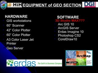  GIS workstationsGIS workstations
 60” Scanner60” Scanner
 42” Color Plotter42” Color Plotter
 60” Color Plotter60” Color Plotter
 A3 Color Laser JetA3 Color Laser Jet
PrinterPrinter
 Geo ServerGeo Server
HARDWARE
3D Studio MAX???
 Arc GIS 10Arc GIS 10
 ArcGIS ServerArcGIS Server
 Erdas Imagine 10Erdas Imagine 10
 Photoshop CS2Photoshop CS2
 CorelDraw10CorelDraw10
SOFTWARE
EQUIPMENT of GEO SECTION
 