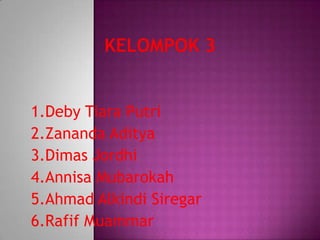 1.Deby Tiara Putri
2.Zananda Aditya
3.Dimas Jordhi
4.Annisa Mubarokah
5.Ahmad Alkindi Siregar
6.Rafif Muammar
 