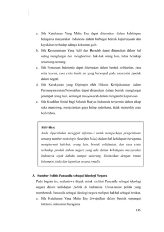 135
a. Sila Ketuhanan Yang Maha Esa dapat ditemukan dalam kehidupan
beragama masyarakat Indonesia dalam berbagai bentuk kepercayaan dan
keyakinan terhadap adanya kekuatan gaib.
b. Sila Kemanusiaan Yang Adil dan Beradab dapat ditemukan dalam hal
saling menghargai dan menghormati hak-hak orang lain, tidak bersikap
sewenang-wenang.
c. Sila Persatuan Indonesia dapat ditemukan dalam bentuk solidaritas, rasa
setia kawan, rasa cinta tanah air yang berwujud pada mencintai produk
dalam negeri.
d. Sila Kerakyatan yang Dipimpin oleh Hikmat Kebijaksanaan dalam
Permusyawaratan/Perwakilan dapat ditemukan dalam bentuk menghargai
pendapat orang lain, semangat musyawarah dalam mengambil keputusan.
e. Sila Keadilan Sosial bagi Seluruh Rakyat Indonesia tercermin dalam sikap
suka menolong, menjalankan gaya hidup sederhana, tidak menyolok atau
berlebihan.
Aktivitas:
Anda dipersilakan menggali informasi untuk memperkaya pengetahuan
tentang sumber sosiologis (kearifan lokal) dalam hal kehidupan beragama,
menghormat hak-hak orang lain, bentuk solidaritas, dan rasa cinta
terhadap produk dalam negeri yang ada dalam kehidupan masyarakat
Indonesia sejak dahulu sampai sekarang. Diskusikan dengan teman
kelompok Anda dan laporkan secara tertulis.
3. Sumber Politis Pancasila sebagai Ideologi Negara
Pada bagian ini, mahasiswa diajak untuk melihat Pancasila sebagai ideologi
negara dalam kehidupan politik di Indonesia. Unsur-unsur politis yang
membentuk Pancasila sebagai ideologi negara meliputi hal-hal sebagai berikut.
a. Sila Ketuhanan Yang Maha Esa diwujudkan dalam bentuk semangat
toleransi antarumat beragama
 