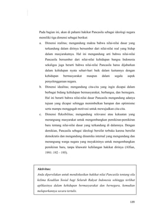 139
Pada bagian ini, akan di pahami hakikat Pancasila sebagai ideologi negara
memiliki tiga dimensi sebagai berikut:
a. Dimensi realitas; mengandung makna bahwa nilai-nilai dasar yang
terkandung dalam dirinya bersumber dari nilai-nilai real yang hidup
dalam masyarakatnya. Hal ini mengandung arti bahwa nilai-nilai
Pancasila bersumber dari nilai-nilai kehidupan bangsa Indonesia
sekaligus juga berarti bahwa nilai-nilai Pancasila harus dijabarkan
dalam kehidupan nyata sehari-hari baik dalam kaitannya dengan
kehidupan bermasyarakat maupun dalam segala aspek
penyelenggaraan negara.
b. Dimensi idealitas; mengandung cita-cita yang ingin dicapai dalam
berbagai bidang kehidupan bermasyarakat, berbangsa, dan bernegara.
Hal ini berarti bahwa nilai-nilai dasar Pancasila mengandung adanya
tujuan yang dicapai sehingga menimbulkan harapan dan optimisme
serta mampu menggugah motivasi untuk mewujudkan cita-cita.
c. Dimensi fleksibilitas; mengandung relevansi atau kekuatan yang
merangsang masyarakat untuk mengembangkan pemikiran-pemikiran
baru tentang nilai-nilai dasar yang terkandung di dalamnya. Dengan
demikian, Pancasila sebagai ideologi bersifat terbuka karena bersifat
demokratis dan mengandung dinamika internal yang mengundang dan
merangsang warga negara yang meyakininya untuk mengembangkan
pemikiran baru, tanpa khawatir kehilangan hakikat dirinya (Alfian,
1991: 192 – 195).
Aktivitas:
Anda dipersilakan untuk mendiskusikan hakikat nilai Pancasila tentang sila
kelima Keadilan Sosial bagi Seluruh Rakyat Indonesia sehingga terlihat
aplikasinya dalam kehidupan bermasyarakat dan bernegara, kemudian
melaporkannya secara tertulis.
 