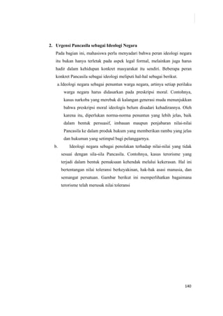 140
2. Urgensi Pancasila sebagai Ideologi Negara
Pada bagian ini, mahasiswa perlu menyadari bahwa peran ideologi negara
itu bukan hanya terletak pada aspek legal formal, melainkan juga harus
hadir dalam kehidupan konkret masyarakat itu sendiri. Beberapa peran
konkret Pancasila sebagai ideologi meliputi hal-hal sebagai berikut.
a.Ideologi negara sebagai penuntun warga negara, artinya setiap perilaku
warga negara harus didasarkan pada preskripsi moral. Contohnya,
kasus narkoba yang merebak di kalangan generasi muda menunjukkan
bahwa preskripsi moral ideologis belum disadari kehadirannya. Oleh
karena itu, diperlukan norma-norma penuntun yang lebih jelas, baik
dalam bentuk persuasif, imbauan maupun penjabaran nilai-nilai
Pancasila ke dalam produk hukum yang memberikan rambu yang jelas
dan hukuman yang setimpal bagi pelanggarnya.
b. Ideologi negara sebagai penolakan terhadap nilai-nilai yang tidak
sesuai dengan sila-sila Pancasila. Contohnya, kasus terorisme yang
terjadi dalam bentuk pemaksaan kehendak melalui kekerasan. Hal ini
bertentangan nilai toleransi berkeyakinan, hak-hak asasi manusia, dan
semangat persatuan. Gambar berikut ini memperlihatkan bagaimana
terorisme telah merusak nilai toleransi
 