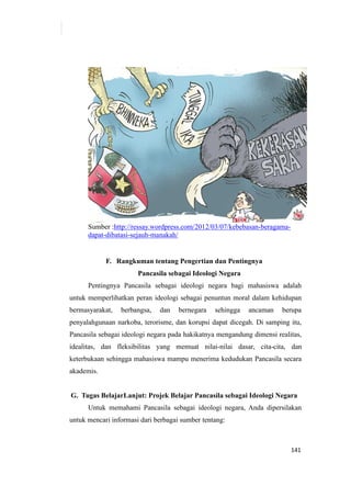 141
Sumber :http://ressay.wordpress.com/2012/03/07/kebebasan-beragama-
dapat-dibatasi-sejauh-manakah/
F. Rangkuman tentang Pengertian dan Pentingnya
Pancasila sebagai Ideologi Negara
Pentingnya Pancasila sebagai ideologi negara bagi mahasiswa adalah
untuk memperlihatkan peran ideologi sebagai penuntun moral dalam kehidupan
bermasyarakat, berbangsa, dan bernegara sehingga ancaman berupa
penyalahgunaan narkoba, terorisme, dan korupsi dapat dicegah. Di samping itu,
Pancasila sebagai ideologi negara pada hakikatnya mengandung dimensi realitas,
idealitas, dan fleksibilitas yang memuat nilai-nilai dasar, cita-cita, dan
keterbukaan sehingga mahasiswa mampu menerima kedudukan Pancasila secara
akademis.
G. Tugas BelajarLanjut: Projek Belajar Pancasila sebagai Ideologi Negara
Untuk memahami Pancasila sebagai ideologi negara, Anda dipersilakan
untuk mencari informasi dari berbagai sumber tentang:
 