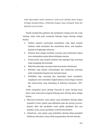 123
Anda dipersilakan untuk menelusuri corak-corak ideologi dunia dengan
berbagai karakteristiknya. Diskusikan dengan teman kelompok Anda dan
laporkan secara tertulis.
Setelah memperoleh gambaran dan pemahaman tentang teori dan corak
ideologi, maka Anda perlu mengenali beberapa fungsi ideologi sebagai
berikut.
a. Struktur kognitif; keseluruhan pengetahuan yang dapat menjadi
landasan untuk memahami dan menafsirkan dunia, serta kejadian-
kejadian di lingkungan sekitarnya.
b. Orientasi dasar dengan membuka wawasan yang memberikan makna
serta menunjukkan tujuan dalam kehidupan manusia.
c. Norma-norma yang menjadi pedoman dan pegangan bagi seseorang
untuk melangkah dan bertindak.
d. Bekal dan jalan bagi seseorang untuk menemukan identitasnya
e. Kekuatan yang mampu menyemangati dan mendorong seseorang
untuk menjalankan kegiatan dan mencapai tujuan.
f. Pendidikan bagi seseorang atau masyarakat untuk memahami,
menghayati serta memolakan tingkah lakunya sesuai dengan orientasi
dan norma-norma yang terkandung di dalamnya (Soerjanto, 1991:
48).
Untuk mengetahui posisi ideologi Pancasila di antara ideologi besar
dunia, maka Anda perlu mengenal beberapa jenis ideologi dunia sebagai
berikut.
a. Marxisme-Leninisme; suatu paham yang meletakkan ideologi dalam
perspektif evolusi sejarah yang didasarkan pada dua prinsip; pertama,
penentu akhir dari perubahan sosial adalah perubahan dari cara
produksi; kedua, proses perubahan sosial bersifat dialektis.
b. Liberalisme; suatu paham yang meletakkan ideologi dalam perspektif
kebebasan individual, artinya lebih mengutamakan hak-hak individu.
 