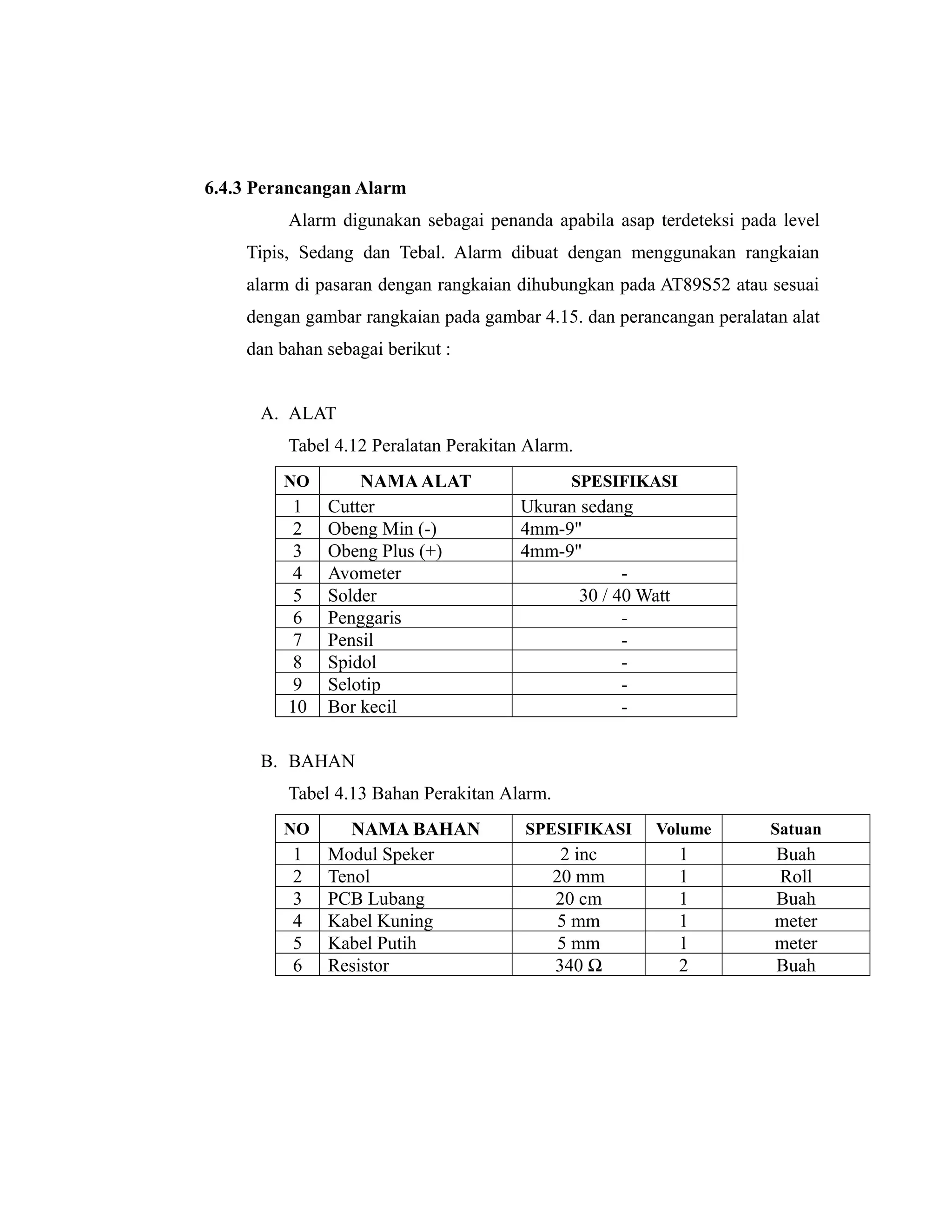 6.4.3 Perancangan Alarm
         Alarm digunakan sebagai penanda apabila asap terdeteksi pada level
    Tipis, Sedang dan Tebal. Alarm dibuat dengan menggunakan rangkaian
    alarm di pasaran dengan rangkaian dihubungkan pada AT89S52 atau sesuai
    dengan gambar rangkaian pada gambar 4.15. dan perancangan peralatan alat
    dan bahan sebagai berikut :


      A. ALAT
         Tabel 4.12 Peralatan Perakitan Alarm.
         NO       NAMA ALAT                    SPESIFIKASI
          1   Cutter                   Ukuran sedang
          2   Obeng Min (-)            4mm-9"
          3   Obeng Plus (+)           4mm-9"
          4   Avometer                              -
          5   Solder                          30 / 40 Watt
          6   Penggaris                             -
          7   Pensil                                -
          8   Spidol                                -
          9   Selotip                               -
         10   Bor kecil                             -

      B. BAHAN
         Tabel 4.13 Bahan Perakitan Alarm.
         NO      NAMA BAHAN            SPESIFIKASI      Volume       Satuan
          1   Modul Speker                    2 inc          1        Buah
          2   Tenol                          20 mm           1        Roll
          3   PCB Lubang                     20 cm           1        Buah
          4   Kabel Kuning                    5 mm           1        meter
          5   Kabel Putih                     5 mm           1        meter
          6   Resistor                       340 Ω           2        Buah
 