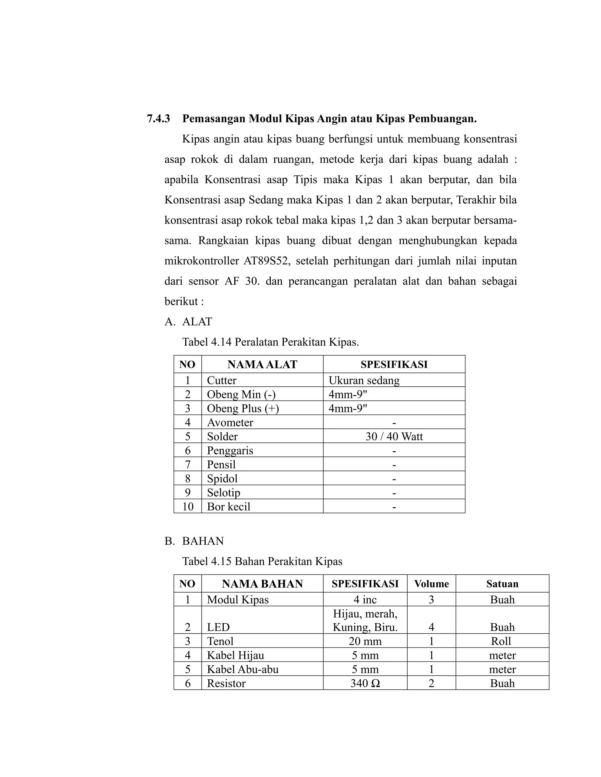 7.4.3   Pemasangan Modul Kipas Angin atau Kipas Pembuangan.
        Kipas angin atau kipas buang berfungsi untuk membuang konsentrasi
   asap rokok di dalam ruangan, metode kerja dari kipas buang adalah :
   apabila Konsentrasi asap Tipis maka Kipas 1 akan berputar, dan bila
   Konsentrasi asap Sedang maka Kipas 1 dan 2 akan berputar, Terakhir bila
   konsentrasi asap rokok tebal maka kipas 1,2 dan 3 akan berputar bersama-
   sama. Rangkaian kipas buang dibuat dengan menghubungkan kepada
   mikrokontroller AT89S52, setelah perhitungan dari jumlah nilai inputan
   dari sensor AF 30. dan perancangan peralatan alat dan bahan sebagai
   berikut :
   A. ALAT
        Tabel 4.14 Peralatan Perakitan Kipas.
        NO         NAMA ALAT                    SPESIFIKASI
         1     Cutter                 Ukuran sedang
         2     Obeng Min (-)          4mm-9"
         3     Obeng Plus (+)         4mm-9"
         4     Avometer                            -
         5     Solder                        30 / 40 Watt
         6     Penggaris                           -
         7     Pensil                              -
         8     Spidol                              -
         9     Selotip                             -
        10     Bor kecil                           -

   B. BAHAN
        Tabel 4.15 Bahan Perakitan Kipas
        NO       NAMA BAHAN            SPESIFIKASI      Volume      Satuan
        1      Modul Kipas                 4 inc              3      Buah
                                       Hijau, merah,
        2      LED                     Kuning, Biru.          4      Buah
        3      Tenol                      20 mm               1      Roll
        4      Kabel Hijau                 5 mm               1      meter
        5      Kabel Abu-abu               5 mm               1      meter
        6      Resistor                   340 Ω               2      Buah
 