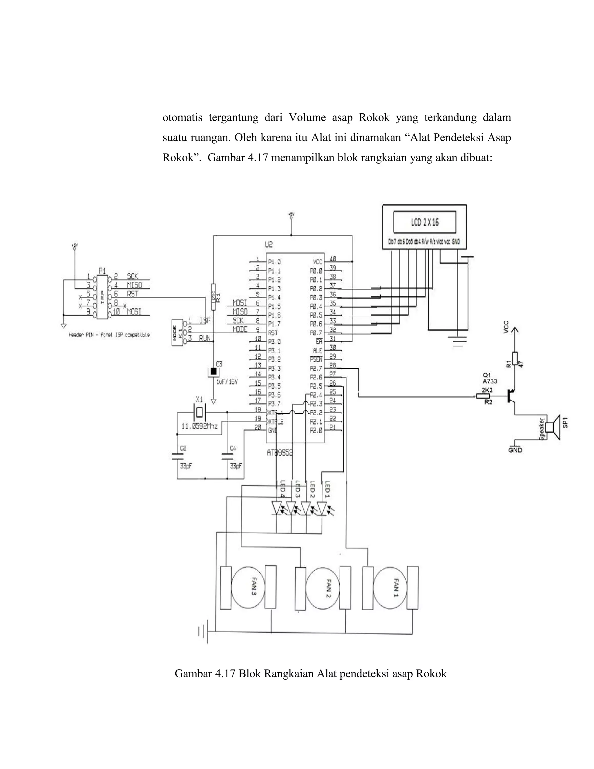 otomatis tergantung dari Volume asap Rokok yang terkandung dalam
suatu ruangan. Oleh karena itu Alat ini dinamakan “Alat Pendeteksi Asap
Rokok”. Gambar 4.17 menampilkan blok rangkaian yang akan dibuat:




  Gambar 4.17 Blok Rangkaian Alat pendeteksi asap Rokok
 