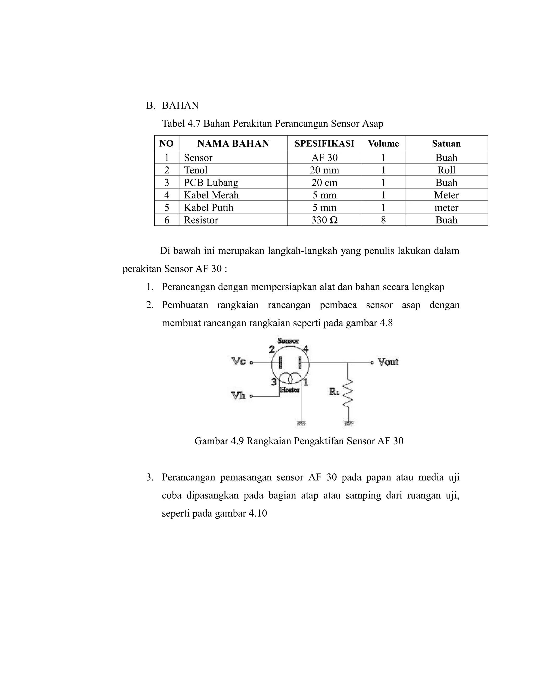 B. BAHAN
        Tabel 4.7 Bahan Perakitan Perancangan Sensor Asap
        NO       NAMA BAHAN          SPESIFIKASI     Volume        Satuan
         1    Sensor                    AF 30           1          Buah
         2    Tenol                     20 mm           1          Roll
         3    PCB Lubang                20 cm           1          Buah
         4    Kabel Merah                5 mm           1          Meter
         5    Kabel Putih                5 mm           1          meter
         6    Resistor                  330 Ω           8          Buah

        Di bawah ini merupakan langkah-langkah yang penulis lakukan dalam
perakitan Sensor AF 30 :
     1. Perancangan dengan mempersiapkan alat dan bahan secara lengkap
     2. Pembuatan rangkaian rancangan pembaca sensor asap dengan
        membuat rancangan rangkaian seperti pada gambar 4.8




                Gambar 4.9 Rangkaian Pengaktifan Sensor AF 30


     3. Perancangan pemasangan sensor AF 30 pada papan atau media uji
        coba dipasangkan pada bagian atap atau samping dari ruangan uji,
        seperti pada gambar 4.10
 
