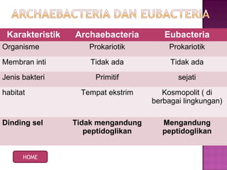 Karakteristik Archaebacteria Eubacteria
Organisme Prokariotik Prokariotik
Membran inti Tidak ada Tidak ada
Jenis bakteri Primitif sejati
habitat Tempat ekstrim Kosmopolit ( di
berbagai lingkungan)
Dinding sel Tidak mengandung
peptidoglikan
Mengandung
peptidoglikan
HOME
 