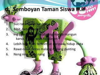 d. Semboyan Taman Siswa
1. Suci tata ngesti tunggal
2. Bibit, bebet, bobot
3. Ing ngarso sung tulodo, ing madya mangun
karso, tut wuri handayani
4. Lebih baik mati terhormat daripada hidup nista
5. Rawe-rawe rantas malang-malang punting
6. Neng ning nung nang
 