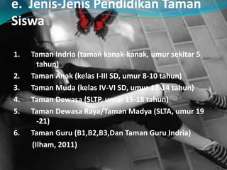 e. Jenis-Jenis Pendidikan Taman
Siswa
1. Taman Indria (taman kanak-kanak, umur sekitar 5
tahun)
2. Taman Anak (kelas I-III SD, umur 8-10 tahun)
3. Taman Muda (kelas IV-VI SD, umur 11-14 tahun)
4. Taman Dewasa (SLTP, umur 15-18 tahun)
5. Taman Dewasa Raya/Taman Madya (SLTA, umur 19
-21)
6. Taman Guru (B1,B2,B3,Dan Taman Guru Indria)
(Ilham, 2011)
 