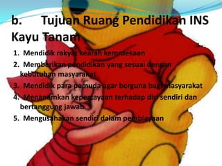 b. Tujuan Ruang Pendidikan INS
Kayu Tanam
1. Mendidik rakyat kearah kemrdekaan
2. Memberikan pendidikan yang sesuai dengan
kebutuhan masyarakat
3. Mendidik para pemuda agar berguna bagi masyarakat
4. Menanamkan kepercayaan terhadap diri sendiri dan
bertanggung jawab
5. Mengusahakan sendiri dalam pembiayaan
 