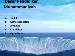 Dasar Pendidikan
Muhammadiyah
1. Tajdid
2. Kemasyarakatan
3. Aktivitas
4. Kreativitas
5. Optimisme
 