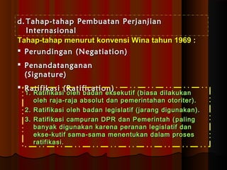 dd..TTaahhaapp--ttaahhaapp PPeemmbbuuaattaann PPeerrjjaannjjiiaann 
IInntteerrnnaassiioonnaall 
TTaahhaapp--ttaahhaapp mmeennuurruutt kkoonnvveennssii WWiinnaa ttaahhuunn 11996699 :: 
 PPeerruunnddiinnggaann ((NNeeggaattiiaattiioonn)) 
 PPeennaannddaattaannggaannaann 
((SSiiggnnaattuurree)) 
 RRaattiiffiikkaassii ((RRaattiiffiiccaattiioonn)) 
11.. RRaattiiffiikkaassii oolleehh bbaaddaann eekksseekkuuttiiff ((bbiiaassaa ddiillaakkuukkaann 
oolleehh rraajjaa--rraajjaa aabbssoolluutt ddaann ppeemmeerriinnttaahhaann oottoorriitteerr)).. 
22.. RRaattiiffiikkaassii oolleehh bbaaddaann lleeggiissllaattiiff ((jjaarraanngg ddiigguunnaakkaann)).. 
33.. RRaattiiffiikkaassii ccaammppuurraann DDPPRR ddaann PPeemmeerriinnttaahh ((ppaalliinngg 
bbaannyyaakk ddiigguunnaakkaann kkaarreennaa ppeerraannaann lleeggiissllaattiiff ddaann 
eekkssee--kkuuttiiff ssaammaa--ssaammaa mmeenneennttuukkaann ddaallaamm pprroosseess 
rraattiiffiikkaassii.. 
 