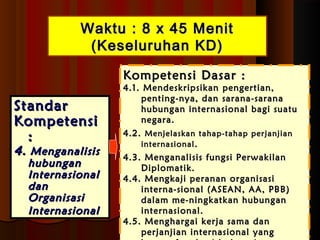 WWaakkttuu :: 88 xx 4455 MMeenniitt 
((KKeesseelluurruuhhaann KKDD)) 
SSttaannddaarr 
KKoommppeetteennssii 
:: 
44.. MMeennggaannaalliissiiss 
hhuubbuunnggaann 
IInntteerrnnaassiioonnaall 
ddaann 
OOrrggaanniissaassii 
IInntteerrnnaassiioonnaall 
KKoommppeetteennssii DDaassaarr :: 
44..11.. MMeennddeesskkrriippssiikkaann ppeennggeerrttiiaann,, 
ppeennttiinngg--nnyyaa,, ddaann ssaarraannaa--ssaarraannaa 
hhuubbuunnggaann iinntteerrnnaassiioonnaall bbaaggii ssuuaattuu 
nneeggaarraa.. 
44..22.. MMeennjjeellaasskkaann ttaahhaapp--ttaahhaapp ppeerrjjaannjjiiaann 
iinntteerrnnaassiioonnaall.. 
44..33.. MMeennggaannaalliissiiss ffuunnggssii PPeerrwwaakkiillaann 
DDiipplloommaattiikk.. 
44..44.. MMeennggkkaajjii ppeerraannaann oorrggaanniissaassii 
iinntteerrnnaa--ssiioonnaall ((AASSEEAANN,, AAAA,, PPBBBB)) 
ddaallaamm mmee--nniinnggkkaattkkaann hhuubbuunnggaann 
iinntteerrnnaassiioonnaall.. 
44..55.. MMeenngghhaarrggaaii kkeerrjjaa ssaammaa ddaann 
ppeerrjjaannjjiiaann iinntteerrnnaassiioonnaall yyaanngg 
bbeerrmmaannffaaaatt bbaaggii IInnddoonneessiiaa.. 
 