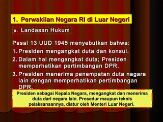 11.. PPeerrwwaakkiillaann NNeeggaarraa RRII ddii LLuuaarr NNeeggeerrii 
aa.. LLaannddaassaann HHuukkuumm 
PPaassaall 1133 UUUUDD 11994455 mmeennyyeebbuuttkkaann bbaahhwwaa:: 
11..PPrreessiiddeenn mmeennggaannggkkaatt dduuttaa ddaann kkoonnssuull.. 
22..DDaallaamm hhaall mmeennggaannggkkaatt dduuttaa;; PPrreessiiddeenn 
mmeemmppeerrhhaattiikkaann ppeerrttiimmbbaannggaann DDPPRR.. 
33..PPrreessiiddeenn mmeenneerriimmaa ppeenneemmppaattaann dduuttaa nneeggaarraa 
llaaiinn ddeennggaann mmeemmppeerrhhaattiikkaann ppeerrttiimmbbaannggaann 
DDPPRR.. 
PPrreessiiddeenn sseebbaaggaaii KKeeppaallaa NNeeggaarraa,, mmeennggaannggkkaatt ddaann mmeenneerriimmaa 
dduuttaa ddaarrii nneeggaarraa llaaiinn.. PPrroosseedduurr mmaauuppuunn tteekknniiss 
ppeellaakkssaannaaaannnnyyaa,, ddiiaattuurr oolleehh MMeenntteerrii LLuuaarr NNeeggeerrii.. 
 