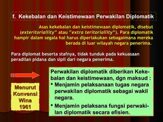 f. Kekebalan dan Keistimewaan Perwakilan Diplomatik 
Asas kekebalan dan keistimewaan ddiipplloommaattiikk,, ddiisseebbuutt 
((eexxtteerriittoorriiaalllliittyy”” aattaauu ””eexxttrraa tteerriittoorriiaalllliittyy””)).. PPaarraa ddiipplloommaattiikk 
hhaammppiirr ddaallaamm sseeggaallaa hhaall hhaarruuss ddiippeerrllaakkuukkaann sseebbaaggaaiimmaannaa mmeerreekkaa 
bbeerraaddaa ddii lluuaarr wwiillaayyaahh nneeggaarraa ppeenneerriimmaa.. 
PPaarraa ddiipplloommaatt bbeesseerrttaa ssttaaffnnyyaa,, ttiiddaakk ttuunndduukk ppaaddaa kkeekkuuaassaaaann 
ppeerraaddiillaann ppiiddaannaa ddaann ssiippiill ddaarrii nneeggaarraa ppeenneerriimmaa.. 
PPeerrwwaakkiillaann ddiipplloommaattiikk ddiibbeerriikkaann KKeekkee-- 
bbaallaann ddaann kkeeiissttiimmeewwaaaann,, ddggnn mmaakkssuudd :: 
 MMeennjjaammiinn ppeellaakkssaannaaaann ttuuggaass nneeggaarraa 
ppeerrwwaakkiillaann ddiipplloommaattiikk sseebbaaggaaii wwaakkiill 
nneeggaarraa.. 
 MMeennjjaammiinn ppeellaakkssaannaa ffuunnggssii ppeerrwwaakkii-- 
llaann ddiipplloommaattiikk sseeccaarraa eeffiissiieenn.. 
MMeennuurruutt 
KKoonnvveennssii 
WWiinnaa 
11996611 
 