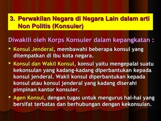 33.. PPeerrwwaakkiillaann NNeeggaarraa ddii NNeeggaarraa LLaaiinn ddaallaamm aarrttii 
NNoonn PPoolliittiiss ((KKoonnssuulleerr)) 
DDiiwwaakkiillii oolleehh KKoorrppss KKoonnssuulleerr ddaallaamm kkeeppaannggkkaattaann :: 
 KKoonnssuull JJeennddeerraall,, mmeemmbbaawwaahhii bbeebbeerraappaa kkoonnssuull yyaanngg 
ddiitteemmppaattkkaann ddii iibbuu kkoottaa nneeggaarraa.. 
 KKoonnssuull ddaann WWaakkiill KKoonnssuull,, kkoonnssuull yyaaiittuu mmeennggeeppaallaaii ssuuaattuu 
kkeekkoonnssuullaann yyaanngg kkaaddaanngg--kkaaddaanngg ddiippeerrbbaannttuukkaann kkeeppaaddaa 
kkoonnssuull jjeennddeerraall.. WWaakkiill kkoonnssuull ddiippeerrbbaannttuukkaann kkeeppaaddaa 
kkoonnssuull aattaauu kkoonnssuull jjeennddeerraall yyaanngg kkaaddaanngg ddiisseerraahhii 
ppiimmppiinnaann kkaannttoorr kkoonnssuulleerr.. 
 AAggeenn KKoonnssuull,, ddeennggaann ttuuggaass uunnttuukk mmeenngguurruuss hhaall--hhaall yyaanngg 
bbeerrssiiffaatt tteerrbbaattaass ddaann bbeerrhhuubbuunnggaann ddeennggaann kkeekkoonnssuullaann.. 
 