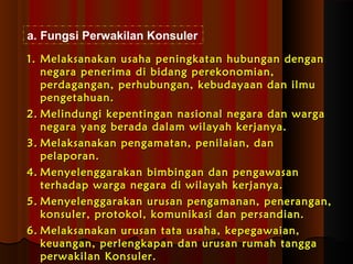 a. Fungsi Perwakilan Konsuler 
11.. MMeellaakkssaannaakkaann uussaahhaa ppeenniinnggkkaattaann hhuubbuunnggaann ddeennggaann 
nneeggaarraa ppeenneerriimmaa ddii bbiiddaanngg ppeerreekkoonnoommiiaann,, 
ppeerrddaaggaannggaann,, ppeerrhhuubbuunnggaann,, kkeebbuuddaayyaaaann ddaann iillmmuu 
ppeennggeettaahhuuaann.. 
22.. MMeelliinndduunnggii kkeeppeennttiinnggaann nnaassiioonnaall nneeggaarraa ddaann wwaarrggaa 
nneeggaarraa yyaanngg bbeerraaddaa ddaallaamm wwiillaayyaahh kkeerrjjaannyyaa.. 
33.. MMeellaakkssaannaakkaann ppeennggaammaattaann,, ppeenniillaaiiaann,, ddaann 
ppeellaappoorraann.. 
44.. MMeennyyeelleennggggaarraakkaann bbiimmbbiinnggaann ddaann ppeennggaawwaassaann 
tteerrhhaaddaapp wwaarrggaa nneeggaarraa ddii wwiillaayyaahh kkeerrjjaannyyaa.. 
55.. MMeennyyeelleennggggaarraakkaann uurruussaann ppeennggaammaannaann,, ppeenneerraannggaann,, 
kkoonnssuulleerr,, pprroottookkooll,, kkoommuunniikkaassii ddaann ppeerrssaannddiiaann.. 
66.. MMeellaakkssaannaakkaann uurruussaann ttaattaa uussaahhaa,, kkeeppeeggaawwaaiiaann,, 
kkeeuuaannggaann,, ppeerrlleennggkkaappaann ddaann uurruussaann rruummaahh ttaannggggaa 
ppeerrwwaakkiillaann KKoonnssuulleerr.. 
 