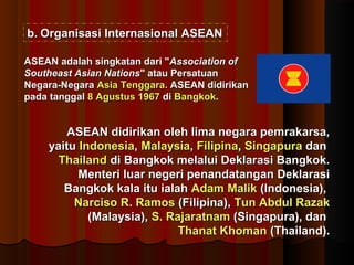 bb..OOrrggaanniissaassii IInntteerrnnaassiioonnaall AASSEEAANN 
AASSEEAANN aaddaallaahh ssiinnggkkaattaann ddaarrii ""AAssssoocciiaattiioonn ooff 
SSoouutthheeaasstt AAssiiaann NNaattiioonnss"" aattaauu PPeerrssaattuuaann 
NNeeggaarraa--NNeeggaarraa AAssiiaa TTeennggggaarraa.. AASSEEAANN ddiiddiirriikkaann 
ppaaddaa ttaannggggaall 88 AAgguussttuuss 11996677 ddii BBaannggkkookk.. 
AASSEEAANN ddiiddiirriikkaann oolleehh lliimmaa nneeggaarraa ppeemmrraakkaarrssaa,, 
yyaaiittuu IInnddoonneessiiaa,, MMaallaayyssiiaa,, FFiilliippiinnaa,, SSiinnggaappuurraa ddaann 
TThhaaiillaanndd ddii BBaannggkkookk mmeellaalluuii DDeekkllaarraassii BBaannggkkookk.. 
MMeenntteerrii lluuaarr nneeggeerrii ppeennaannddaattaannggaann DDeekkllaarraassii 
BBaannggkkookk kkaallaa iittuu iiaallaahh AAddaamm MMaalliikk ((IInnddoonneessiiaa)),, 
NNaarrcciissoo RR.. RRaammooss ((FFiilliippiinnaa)),, TTuunn AAbbdduull RRaazzaakk 
((MMaallaayyssiiaa)),, SS.. RRaajjaarraattnnaamm ((SSiinnggaappuurraa)),, ddaann 
TThhaannaatt KKhhoommaann ((TThhaaiillaanndd)).. 
 