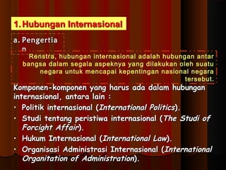 11..HHuubbuunnggaann IInntteerrnnaassiioonnaall 
aa.. PPeennggeerrttiiaa 
nn 
Renstra, hubungan internasional adalah hubungan antar 
bangsa dalam segala aspeknya yang dilakukan oleh suatu 
negara untuk mencapai kepentingan nasional negara 
tersebut. 
KKoommppoonneenn--kkoommppoonneenn yyaanngg hhaarruuss aaddaa ddaallaamm hhuubbuunnggaann 
iinntteerrnnaassiioonnaall,, aannttaarraa llaaiinn :: 
• PPoolliittiikk iinntteerrnnaassiioonnaall ((IInntteerrnnaattiioonnaall PPoolliittiiccss)).. 
• SSttuuddii tteennttaanngg ppeerriissttiiwwaa iinntteerrnnaassiioonnaall ((TThhee SSttuuddii ooff 
FFoorrcciigghhtt AAffffaaiirr)).. 
• HHuukkuumm IInntteerrnnaassiioonnaall ((IInntteerrnnaattiioonnaall LLaaww)).. 
• OOrrggaanniissaassii AAddmmiinniissttrraassii IInntteerrnnaassiioonnaall ((IInntteerrnnaattiioonnaall 
OOrrggaanniittaattiioonn ooff AAddmmiinniissttrraattiioonn)).. 
 
