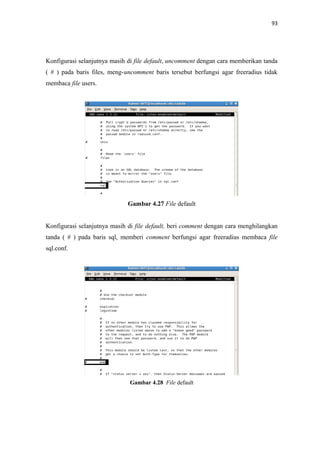 93

Konfigurasi selanjutnya masih di file default, uncomment dengan cara memberikan tanda
( # ) pada baris files, meng-uncomment baris tersebut berfungsi agar freeradius tidak
membaca file users.

Gambar 4.27 File default
Konfigurasi selanjutnya masih di file default, beri comment dengan cara menghilangkan
tanda ( # ) pada baris sql, memberi comment berfungsi agar freeradius membaca file
sql.conf.

Gambar 4.28 File default

 