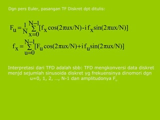 Dgn pers Euler, pasangan TF Diskret dpt ditulis: Interpretasi dari TFD adalah sbb: TFD mengkonversi data diskret menjd sejumlah sinusoida diskret yg frekuensinya dinomori dgn  u=0, 1, 2, …, N-1 dan amplitudonya F u 