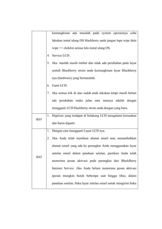 kemungkinan ada masalah pada system operasinya coba
lakukan instal ulang OS blackberry anda jangan lupa wipe dulu
wipe >> cheklist semua lalu instal ulang OS.
4. Service LCD.
5. Jika maslah masih timbul dan tidak ada perubahan pada layar
sentuh Blackberry strom anda kemungkinan layar Blackberry
nya (hardware) yang bermasalah.
6. Ganti LCD.
7. Jika semua trik di atas sudah anda lakukan tetapi masih belum
ada perubahan maka jalan satu satunya adalah dengan
mengganti LCD blackberry strom anda dengan yang baru.
1. Digitizer yang terdapat di belakang LCD mengalami kerusakan
K03
dan harus diganti.
1. Dengan cara mengganti Layar LCD nya.
2. Jika Anda telah membuat alamat email atau menambahkan
alamat email yang ada ke perangkat Anda menggunakan layar
setelan email dalam panduan setelan, pastikan Anda telah
K03
menerima pesan aktivasi pada perangkat dari BlackBerry
Internet Service. Jika Anda belum menerima pesan aktivasi
(pesan mungkin butuh beberapa saat hingga tiba), dalam
panduan setelan, buka layar setelan email untuk mengirim buku

 
