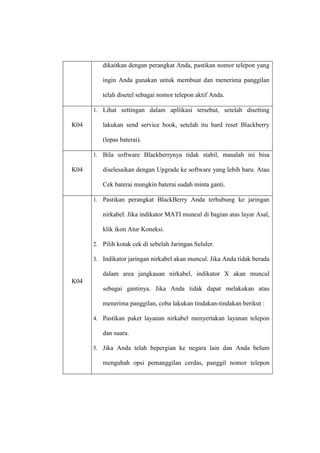 dikaitkan dengan perangkat Anda, pastikan nomor telepon yang
ingin Anda gunakan untuk membuat dan menerima panggilan
telah disetel sebagai nomor telepon aktif Anda.
1. Lihat settingan dalam apllikasi tersebut, setelah disetting

K04

lakukan send service book, setelah itu hard reset Blackberry
(lepas baterai).
1. Bila software Blackberrynya tidak stabil, masalah ini bisa

K04

diselesaikan dengan Upgrade ke software yang lebih baru. Atau
Cek baterai mungkin baterai sudah minta ganti.
1. Pastikan perangkat BlackBerry Anda terhubung ke jaringan

nirkabel. Jika indikator MATI muncul di bagian atas layar Asal,
klik ikon Atur Koneksi.
2. Pilih kotak cek di sebelah Jaringan Seluler.
3. Indikator jaringan nirkabel akan muncul. Jika Anda tidak berada

dalam area jangkauan nirkabel, indikator X akan muncul
K04
sebagai gantinya. Jika Anda tidak dapat melakukan atau
menerima panggilan, coba lakukan tindakan-tindakan berikut :
4. Pastikan paket layanan nirkabel menyertakan layanan telepon

dan suara.
5. Jika Anda telah bepergian ke negara lain dan Anda belum

mengubah opsi pemanggilan cerdas, panggil nomor telepon

 