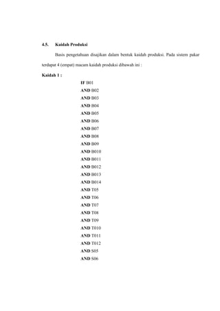 4.5.

Kaidah Produksi
Basis pengetahuan disajikan dalam bentuk kaidah produksi. Pada sistem pakar

terdapat 4 (empat) macam kaidah produksi dibawah ini :
Kaidah 1 :
IF B01
AND B02
AND B03
AND B04
AND B05
AND B06
AND B07
AND B08
AND B09
AND B010
AND B011
AND B012
AND B013
AND B014
AND T05
AND T06
AND T07
AND T08
AND T09
AND T010
AND T011
AND T012
AND S05
AND S06

 
