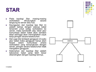 1/13/2024 8
STAR
 Pada topologi Star, masing-masing
workstation dihubungkan secara
langsung ke server atau hub.
 Keunggulan dari topologi tipe Star ini
adalah bahwa dengan adanya kabel
tersendiri untuk setiap workstation ke
server, maka bandwidth atau lebar jalur
komunikasi dalam kabel akan semakin
lebar sehingga akan meningkatkan unjuk
kerja jaringan secara keseluruhan.
 Dan juga bila terdapat gangguan di suatu
jalur kabel maka gangguan hanya akan
terjadi dalam komunikasi antara
workstation yang bersangkutan dengan
server, jaringan secara keseluruhan tidak
mengalami gangguan.
 Kelemahan dari topologi Star adalah
kebutuhan kabel yang lebih besar
dibandingkan dengan topologi lainnya.
 