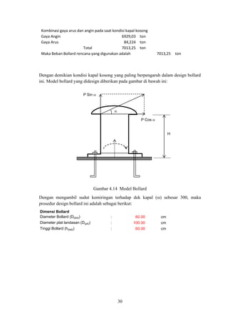 30
Kombinasi gaya arus dan angin pada saat kondisi kapal kosong
Gaya Angin 6929,03 ton
Gaya Arus 84,224 ton
Total 7013,25 ton
Maka Beban Bollard rencana yang digunakan adalah 7013,25 ton
Dengan demikian kondisi kapal kosong yang paling berpengaruh dalam design bollard
ini. Model bollard yang didesign diberikan pada gambar di bawah ini:
Gambar 4.14 Model Bollard
Dengan mengambil sudut kemiringan terhadap dek kapal () sebesar 300, maka
prosedur design bollard ini adalah sebagai berikut:
50 50
P Sin 
P Cos 
H

Dimensi Bollard
Diameter Bollard (D(bld)) : 60.00 cm
Diameter plat landasan (D(plt)) : 100.00 cm
Tinggi Bollard (h(bld)) : 60.00 cm
 