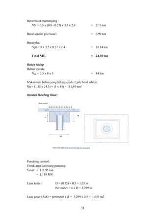 33
Berat balok memanjang :
Nbl = 0.5 x (0.8 - 0.27) x 3.5 x 2.4 = 2.10 ton
Berat sendiri pile head : = 0.99 ton
Berat plat:
Npb = 8 x 3.5 x 0.27 x 2.4 = 18.14 ton
Total NDL = 24.30 ton
Beban hidup
Beban merata:
NLL = 3.5 x 8 x 3 = 84 ton
Maksimum beban yang bekerja pada 1 pile head adalah:
Nu = (1.15 x 24.3) + (1 x 84) = 111,95 ton/
Kontrol Punching Shear:
Punching control:
Untuk area dari tiang pancang:
Vmax = 111,95 ton
= 1,119 MN
Luas kritis : D = (0.55) + 0.5 = 1,05 m
Perimeter =  x D = 3,299 m
Luas geser (Ash) = perimeter x d = 3,299 x 0.5 = 1,649 m2
120
80
 