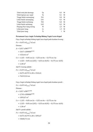 20
Tebal total plat dermaga Tp 0,5 M
Tebal lapisan aus/ aspal Ta 0,1 M
Tinggi balok memanjang Tb1 0,8 M
Lebar balok memanjang Lb1 0,5 M
Tinggi balok melintang Tb2 0,8 M
Lebar balok melintang Lb2 0,5 M
Panjang Poer tiang miring Pr 2,5 M
Lebar poer tiang Lr 1,5 M
Tebal poer tiang Tr 1 M
Persamaan Gaya Angin Terhadap Bidang Tegak Lurus Kapal
Gaya Angin terhadap bidang tegak lurus kapal pada keadaan kosong :
𝐹𝑣 = 0,473 𝑥𝑉𝑤𝑖𝑛𝑑
2
𝑥𝐶𝑠𝑥𝐴
Dimana :
𝐴 = 3,017 𝑥𝐷𝑊𝑇0,510
= 3,017 𝑥2000000,510
= 1524,41 𝑚2
𝐶𝑠 = 1,325 − 0.05 cos2𝛼 − 0,35 cos4𝛼 − 0,175 cos 6𝛼
= 1,325 − 0.05 cos2(45) − 0,35 cos 4(45) − 0,175 cos 6(45)
= 1,38 𝑚2
Jadi Fv kosong adalah :
𝐹𝑣 = 0,473 𝑥𝑉𝑤𝑖𝑛𝑑
2
𝑥𝐶𝑠𝑥𝐴
= 0,473 𝑥8,742
𝑥1,38 𝑥 1524,41
= 76219,32 𝑡𝑜𝑛
Gaya Angin terhadap bidang tegak lurus kapal pada keadaan penuh :
𝐹𝑣 = 0,473 𝑥𝑉𝑤𝑖𝑛𝑑
2
𝑥𝐶𝑠𝑥𝐴
Dimana :
𝐴 = 3,017 𝑥𝐷𝑊𝑇0,490
= 2,763 𝑥2000000,490
= 1093,67 𝑚2
𝐶𝑠 = 1,325 − 0.05 cos2𝛼 − 0,35 cos4𝛼 − 0,175 cos 6𝛼
= 1,325 − 0.05 cos2(45) − 0,35 cos 4(45) − 0,175 cos 6(45)
= 1,38 𝑚2
Jadi Fv penuh adalah :
𝐹𝑣 = 0,473 𝑥𝑉𝑤𝑖𝑛𝑑
2
𝑥𝐶𝑠𝑥𝐴
= 0,473 𝑥8,742
𝑥1,38 𝑥 1093,67
= 54682,71 𝑡𝑜𝑛
 