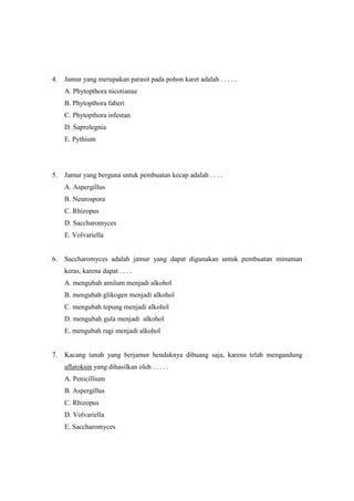 4.

Jamur yang merupakan parasit pada pohon karet adalah . . . . .
A. Phytopthora nicotianae
B. Phytopthora faberi
C. Phytopthora infestan
D. Saprolegnia
E. Pythium

5.

Jamur yang berguna untuk pembuatan kecap adalah . . . .
A. Aspergillus
B. Neurospora
C. Rhizopus
D. Saccharomyces
E. Volvariella

6.

Saccharomyces adalah jamur yang dapat digunakan untuk pembuatan minuman
keras, karena dapat . . . .
A. mengubah amilum menjadi alkohol
B. mengubah glikogen menjadi alkohol
C. mengubah tepung menjadi alkohol
D. mengubah gula menjadi alkohol
E. mengubah ragi menjadi alkohol

7.

Kacang tanah yang berjamur hendaknya dibuang saja, karena telah mengandung
aflatoksin yang dihasilkan oleh . . . . .
A. Penicillium
B. Aspergillus
C. Rhizopus
D. Volvariella
E. Saccharomyces

 