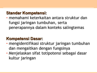Standar Kompetensi:Standar Kompetensi:
• memahami keterkaitan antara struktur dan
fungsi jaringan tumbuhan, serta
penerapannya dalam konteks salingtemas
Kompetensi Dasar:Kompetensi Dasar:
• mengidentifikasi struktur jaringan tumbuhan
dan mengaitkan dengan fungsinya
• Menjelaskan sifat totipotensi sebagai dasar
kultur jaringan
 