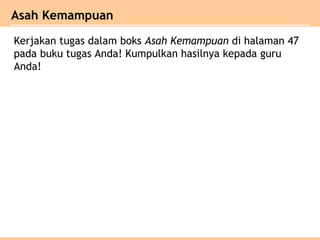 Asah Kemampuan
Kerjakan tugas dalam boks Asah Kemampuan di halaman 47
pada buku tugas Anda! Kumpulkan hasilnya kepada guru
Anda!
 