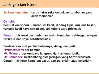 Jaringan Meristem: terdiri atas sekelompok sel tumbuhan yang
aktif membelah
Ciri-ciri:
bersifat embrionik, ukuran sel kecil, dinding tipis, nukleus besar,
vakuola kecil kaya cairan sel, sel kuboid atau prismatis
Fungsi: titik awal pertumbuhan suatu tumbuhan sehingga jaringan
tersebut nantinya berdiferensiasi
Berdasarkan asal pertumbuhannya, dibagi menjadi :
•Promeristem: sel pemula
•M. Primer: berkembang langsung dari sel embrionik.
•M. sekunder: berkembang dari jaringan yang berdiferensiasi.
Contoh: jaringan kambium gabus dari parenkim atau kolenkim.
Jaringan Meristem
 