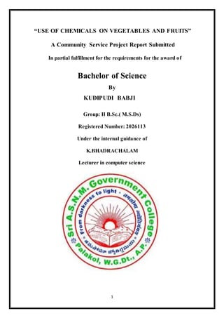 1
“USE OF CHEMICALS ON VEGETABLES AND FRUITS”
A Community Service Project Report Submitted
In partial fulfillment for the requirements for the award of
Bachelor of Science
By
KUDIPUDI BABJI
Group: II B.Sc.( M.S.Ds)
Registered Number: 2026113
Under the internal guidance of
K.BHADRACHALAM
Lecturer in computer science
 