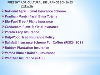 PRESENT AGRICULTURAL INSURANCE SCHEMES
2015-16
National Agricultural Insurance Scheme
Pradhan Mantri Fasal Bima Yojana
Bio-Fuel Tree / Plant Insurance
Cardamom Plant & Yield Insurance
Potato Crop Insurance
RulpWood Tree Insurance Policy
Rainfall Insurance Scheme For Coffee (RISC)- 2011
Rubber Plantation Insurance
Varsha Bima / RainFall Insurance
Weather Insurance (RABI)
 
