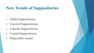 New Trends of Suppositories
1. Tablet Suppositories
2. Layered Suppositories
3. Capsule Suppositories
4. Coated Suppositories
5. Disposable mould
 