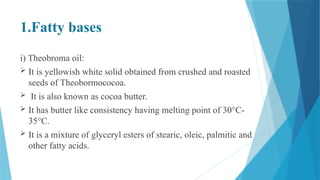 1.Fatty bases
i) Theobroma oil:
 It is yellowish white solid obtained from crushed and roasted
seeds of Theobormococoa.
 It is also known as cocoa butter.
 It has butter like consistency having melting point of 30°C-
35°C.
 It is a mixture of glyceryl esters of stearic, oleic, palmitic and
other fatty acids.
 