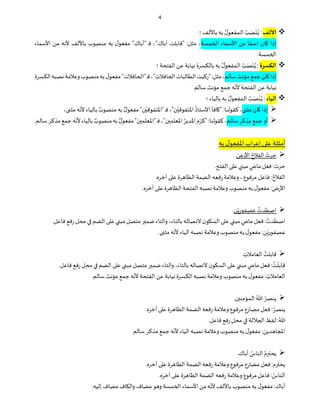 4

‫اﻷلف‬
ُ‫ي‬ :
ْ‫ن‬
َ‫ص‬
ُ
‫ب‬
‫ال‬
‫ـ‬
ُ‫ل‬‫مفعو‬
‫باﻷلف‬ ‫به‬
‫؛‬
ً‫اسم‬ ‫ان‬ ‫إذا‬
‫ا‬
‫مﻦ‬
‫مﺴة‬ ‫ا‬ ‫اﻷسماء‬
‫"أباك‬ ‫ـ‬‫ف‬ ،"‫أباك‬ ‫"قابلت‬ :‫مثل‬ ،
‫ﻷنه‬ ‫باﻷلف‬ ‫منصوب‬ ‫به‬ ‫ل‬‫مفعو‬ "
‫اﻷسماء‬ ‫مﻦ‬
.‫مﺴة‬ ‫ا‬

‫الكسﺮة‬
:
ُ‫ي‬
ْ‫ن‬
َ‫ص‬
ُ
‫ب‬
‫ال‬
‫ـ‬
ُ‫ل‬‫مفعو‬
‫الفتحة‬ ‫عﻦ‬ ‫نيابة‬ ‫بالكﺴرة‬ ‫به‬
‫؛‬
‫سالم‬‫مﺆنث‬‫جمع‬‫ان‬ ‫إذا‬
‫ال‬‫"ركﺒت‬:‫مثل‬،
‫الكﺴرة‬‫نصﺒه‬‫وعﻼمة‬‫منصوب‬‫به‬‫ل‬‫مفعو‬"‫افﻼت‬ ‫"ا‬‫ـ‬‫ف‬،" ِ
‫افﻼت‬ ‫ا‬‫طالﺒات‬
‫عﻦ‬ ‫نيابة‬
.‫سالم‬‫مﺆنث‬ ‫جمع‬ ‫ه‬ّ‫ﻷن‬ ‫الفتحة‬

‫الﻴاء‬
:
ُ‫ي‬
ْ‫ن‬
َ‫ص‬
ُ
‫ب‬
‫ال‬
‫ـ‬
ُ‫ل‬‫مفعو‬
‫بالياء‬ ‫به‬
‫؛‬

‫ان‬ ‫إذا‬
‫مث‬
ُ
‫اﻷستاذ‬ ‫افأ‬ " :‫كقولنا‬ ،
‫ف‬ ،"‫ن‬ْ‫اﳌتفوق‬
"‫ن‬ْ‫"اﳌتفوق‬ ‫ـ‬
ٌ‫ل‬‫مفعو‬
ٌ
‫منصوب‬ ‫به‬
، ‫مث‬ ‫ه‬ّ‫ﻷن‬ ‫بالياء‬

‫سالم‬‫مذكر‬‫جمع‬‫أو‬
"‫ن‬ ‫"اﳌعلم‬‫ـ‬‫ف‬،"‫ن‬ ‫اﳌعلم‬ ُ‫اﳌدير‬‫م‬ّ‫"كر‬:‫كقولنا‬،
ٌ‫ل‬‫مفعو‬
ٌ
‫منصوب‬‫به‬
.‫سالم‬‫مذكر‬‫جمع‬‫ه‬ّ‫ﻷن‬‫بالياء‬
‫ا‬‫ر‬‫إع‬ ‫ع‬ ‫أمثلة‬
‫به‬ ‫ل‬‫اﳌفعو‬ ‫ب‬

َ
‫اﻷرض‬ ُ‫الفﻼح‬
َ
‫حرث‬
.
‫ح‬
.‫الفتح‬ ‫ع‬ ‫مﺒ‬ ٍ
‫ماض‬‫فعل‬ :‫رث‬
‫مرفوع‬ ‫فاعل‬ : ُ‫الفﻼح‬
،
.‫آخره‬ ‫ع‬ ‫رة‬ ‫الﻈا‬ ‫الﻀمة‬ ‫رفعه‬ ‫وعﻼمة‬
‫اﻷ‬
.‫آخره‬ ‫ع‬ ‫رة‬ ‫الﻈا‬ ‫الفتحة‬ ‫نصﺒه‬ ‫وعﻼمة‬ ‫منصوب‬ ‫به‬ ‫ل‬‫مفعو‬ : َ
‫رض‬

‫ﻦ‬ْ‫عصفور‬ ُ
‫اﺻطدت‬
.
‫ا‬
ُ
‫ﺻطدت‬
‫فعل‬:
‫و‬ ،‫بالتاء‬ ‫ﻻتصاله‬ ‫ن‬‫و‬ ‫الﺴ‬ ‫ع‬ ‫مﺒ‬ ٍ
‫ماض‬
‫ر‬ ‫محل‬ ‫الﻀم‬ ‫ع‬ ‫مﺒ‬ ‫متصل‬ ‫ضم‬ ‫التاء‬
.‫فاعل‬ ‫فع‬
. ‫مث‬ ‫ه‬ّ‫ﻷن‬ ‫الياء‬ ‫نصﺒه‬ ‫وعﻼمة‬ ‫منصوب‬ ‫به‬ ‫ل‬‫مفعو‬ :‫ﻦ‬ْ‫عصفور‬

. ِ
‫العامﻼت‬ ُ
‫قابلت‬
‫ق‬
‫فعل‬ : ُ
‫ت‬
ْ
‫ابل‬
‫محل‬ ‫الﻀم‬ ‫ع‬ ‫مﺒ‬ ‫متصل‬ ‫ضم‬ ‫والتاء‬ ،‫بالتاء‬ ‫ﻻتصاله‬ ‫ن‬‫و‬ ‫الﺴ‬ ‫ع‬ ‫مﺒ‬ ٍ
‫ماض‬
.‫فاعل‬‫رفع‬
‫وعﻼمة‬ ‫منصوب‬ ‫به‬ ‫ل‬‫مفعو‬ : ِ
‫العامﻼت‬
‫ه‬
ّ
‫ﻷن‬ ‫الفتحة‬ ‫عﻦ‬‫نيابة‬ ‫الكﺴرة‬ ‫نصﺒه‬
.‫سالم‬ ‫مﺆنث‬ ‫جمع‬

‫ال‬ ُ‫ﷲ‬ ُ‫ينصر‬
‫ـ‬
.‫ن‬ ‫مﺆمن‬
‫ي‬
.‫آخره‬ ‫ع‬ ‫رة‬ ‫الﻈا‬ ‫الﻀمة‬ ‫رفعه‬ ‫وعﻼمة‬ ‫مرفوع‬ ‫مﻀارع‬ ‫فعل‬ : ُ‫نصر‬
:ُ‫ﷲ‬
.‫فاعل‬ ‫رفع‬ ‫محل‬ ‫ﻼلة‬ ‫ا‬ ‫لفظ‬
.‫سالم‬‫مذكر‬ ‫جمع‬‫ه‬
ّ
‫ﻷن‬ ‫الياء‬ ‫نصﺒه‬ ‫وعﻼمة‬‫منصوب‬‫به‬ ‫ل‬‫مفعو‬ :‫ديﻦ‬ ‫ا‬ ‫ا‬

‫أباك‬ ُ
‫الناس‬ ُ‫م‬ ‫يح‬
.
‫ي‬
.‫آخره‬ ‫ع‬ ‫رة‬ ‫الﻈا‬ ‫الﻀمة‬ ‫رفعه‬ ‫وعﻼمة‬ ‫مرفوع‬ ‫مﻀارع‬ ‫فعل‬:‫م‬ ‫ح‬
.‫آخره‬ ‫ع‬ ‫رة‬ ‫الﻈا‬ ‫الﻀمة‬ ‫رفعه‬ ‫وعﻼمة‬ ‫مرفوع‬ ‫فاعل‬ : ُ
‫الناس‬
‫باﻷلف‬ ‫منصوب‬ ‫به‬ ‫ل‬‫مفعو‬ :‫أباك‬
‫مﺴة‬ ‫ا‬ ‫اﻷسماء‬ ‫مﻦ‬‫ه‬
ّ
‫ﻷن‬
.‫إليه‬ ‫مﻀاف‬ ‫اف‬ ‫وال‬ ‫مﻀاف‬ ‫و‬ ‫و‬
 
