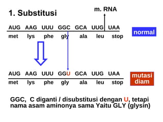 1. Substitusi AUG  AAG  UUU  GGC  GCA  UUG  UAA met  lys  phe  gly  ala  leu  stop normal AUG  AAG  UUU  GG U   GCA  UUG  UAA met  lys  phe  gly  ala  leu  stop m. RNA mutasi diam GGC,  C diganti / disubstitusi dengan  U , tetapi  nama asam aminonya sama Yaitu GLY (glysin) 