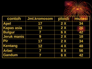 POLIPLOIDI 42 6 X 7 Gandum 56 8 X 7 Arbei 48 4 X 12 Kentang 34 2 X 17 Pir  18 2 X 9 Jeruk manis 42 6 X 7 Bulgur 26 2 X 13 Kapas asia 34 2 X 17 Apel mutasi ploidi Jml.kromosom contoh 
