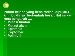 48 Pohon kelapa yang kena radiasi dipulau Bi kini  buahnya  bertambah besar. Hal ini ka- rena pengaruh …. Mutasi buatan Mutasi alam Epistasis Kriptomeri Polimeri  