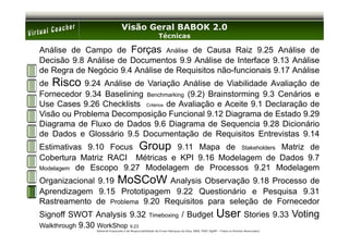 Visão Geral BABOK 2.0
                                                           Técnicas

Análise de Campo de Forças Análise de Causa Raiz 9.25 Análise de
Decisão 9.8 Análise de Documentos 9.9 Análise de Interface 9.13 Análise
de Regra de Negócio 9.4 Análise de Requisitos não-funcionais 9.17 Análise
de Risco 9.24 Análise de Variação Análise de Viabilidade Avaliação de
Fornecedor 9.34 Baselining Benchmarking (9.2) Brainstorming 9.3 Cenários e
Use Cases 9.26 Checklists Critérios de Avaliação e Aceite 9.1 Declaração de
Visão ou Problema Decomposição Funcional 9.12 Diagrama de Estado 9.29
Diagrama de Fluxo de Dados 9.6 Diagrama de Sequencia 9.28 Dicionário
de Dados e Glossário 9.5 Documentação de Requisitos Entrevistas 9.14
Estimativas 9.10 Focus Group 9.11 Mapa de Stakeholders Matriz de
Cobertura Matriz RACI Métricas e KPI 9.16 Modelagem de Dados 9.7
Modelagem de Escopo 9.27 Modelagem de Processos 9.21 Modelagem

Organizacional 9.19 MoSCoW Analysis Observação 9.18 Processo de
Aprendizagem 9.15 Prototipagem 9.22 Questionário e Pesquisa 9.31
Rastreamento de Problema 9.20 Requisitos para seleção de Fornecedor
Signoff SWOT Analysis 9.32                          Timeboxing             / Budget                 User Stories 9.33 Voting
Walkthrough 9.30 WorkShop 9.23
                Material Preparado e de Responsabilidade de Ernani Marques da Silva, MBA, PMP, PgMP – Todos os Direitos Reservados’
 