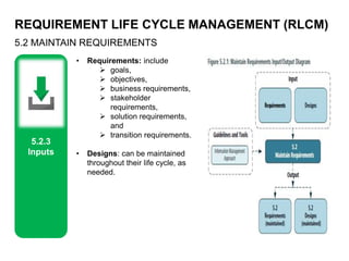 REQUIREMENT LIFE CYCLE MANAGEMENT (RLCM)
5.2 MAINTAIN REQUIREMENTS
5.2.3
Inputs
• Requirements: include
 goals,
 objectives,
 business requirements,
 stakeholder
requirements,
 solution requirements,
and
 transition requirements.
• Designs: can be maintained
throughout their life cycle, as
needed.
 