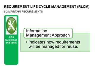 REQUIREMENT LIFE CYCLE MANAGEMENT (RLCM)
5.2 MAINTAIN REQUIREMENTS
5.2.5
Guidelines
and Tools • indicates how requirements
will be managed for reuse.
Information
Management Approach
 